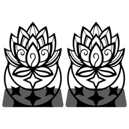 WADORN Lotus Moon Metal Decorative Bookend for Shelves 1 Pair, Heavy Duty Book Ends Unique Non-Skid Books Holder Stand Black Book Support Stoppers for Desk Bookshelf Office Home, 5.3x4.3x7.9 Inches - color: Lotus