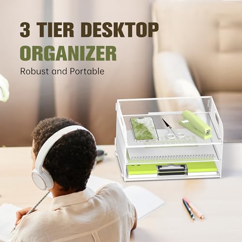 DALTACK 3 Tier Paper Organizer with Handle, Mesh Metal Desk Organizer with Sliding Paper Trays for Letter/A4 Paper, Mail, Bills & Folders, White - color: White