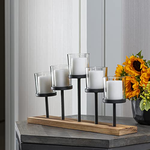 Elegant Decorative Votive Candle Holder Centerpiece, 5 Glass Cups on Wood Base-Tray for Anniversary, Wedding, Dining Table Centerpiece, Decorations Living Room, Decor Coffee Table Centerpiece, Menorah