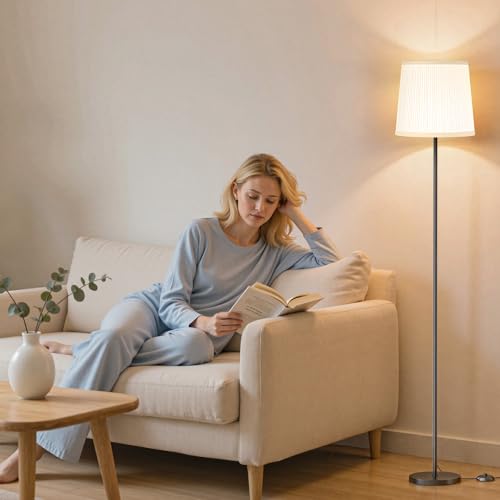 SIBRILLE Floor Lamp with Pleated Shade, 62" LED Dimmable Standing Lamp with Remote & Foot Switch, Color Options, 9W E26 Bulb Included, Modern Reading Light for Living Room Bedroom Office Corner, Black - color: White(pleated)