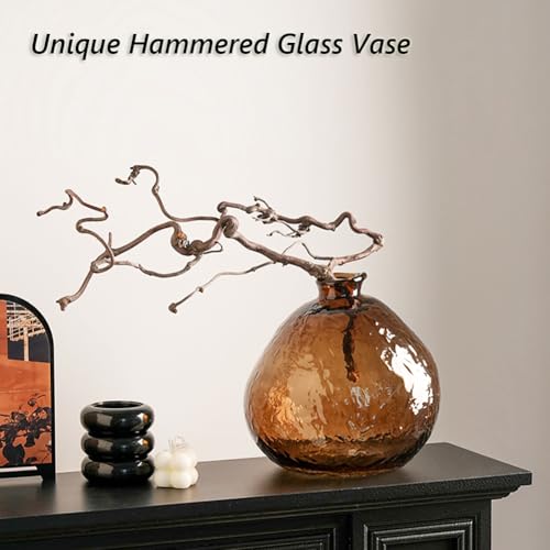 Unique Hammered Brown Glass Vase for Plants Decor Ribbed Embossed Flower Vases for Centerpieces Living Room Entrance Table Decoration,Brown - color: Brown
