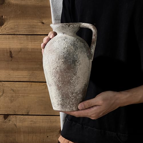 LUKA Ceramic Rustic Farmhouse Vase,9.25 inch Terracotta Vase with Handle,Neutral Tall Clay Vases Decorative Vases for Living Room,Table,Shelf Decor(Brown,L) - color: Brown, size: 9 inch (H)