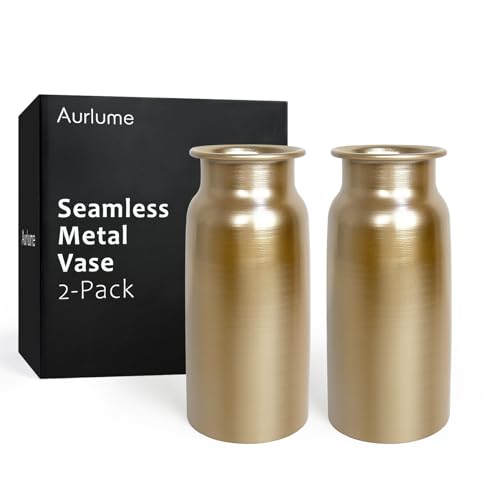 Set of 2 Champagne Gold Seamless Metal Flowers Vase Decor, 10.8" Tall Modern Matte Gold Floral Vase Pair, Shatterproof Leakproof, Elegant Home Decor Centerpiece for Table, Mantle, Shelf - color: Light Gold