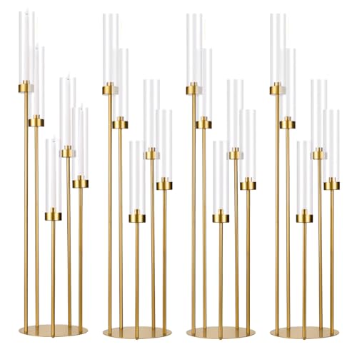 5 Arm Candelabra with Acrylic Lampshade Set of 4 Gold Candelabra for Wedding Table Birthday Party Home Decoration 39.4'' Candle Holder Fit LED Taper Candles - color: Gold, size: 4pcs