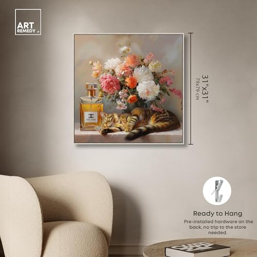 Art Remedy Cat Floral Vase Perfume Canvas Fashion Pet Art, Silver Frame, 30" x 30" - color: Silver Frame, size: 31"L x 31"W