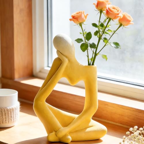 Arawat Ceramic Thinker Vase Yellow Flower Vase for Home Decor Modern Cute Boho Vases for Table Room Decor Unique Aesthetic Ceramic Decorative Vases for Centerpieces Birthday Gifts for Women Men - color: # B Yellow Ceramic Flower Vase for Home Decor