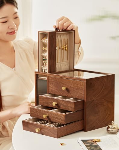 CHOSIN Black Walnut Wooden Jewelry Box for Women Classical Solid Wood 4-Layer Jewelry Organizer Double Sided Visibility Necklace Storage Layer Watch Necklace Ring Earring Mothers Day Gifts for Mom - style: 4 Layer C