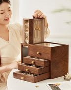 CHOSIN Black Walnut Wooden Jewelry Box for Women Classical Solid Wood 4-Layer Jewelry Organizer Double Sided Visibility Necklace Storage Layer Watch Necklace Ring Earring Mothers Day Gifts for Mom - style: 4 Layer C
