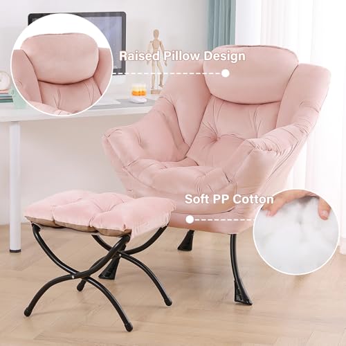 Tiita Lazy Chair with Ottoman, Pink Modern Large Accent Chair, Comfy Leisure Sofa Armchair with Ottoman, Reading Chair with Footrest for Bedroom, Living Room, Dorm Rooms, Velvet Pink - color: Pink