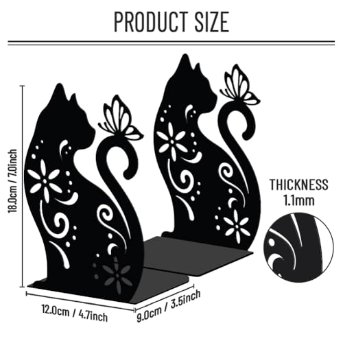 WADORN Cat Flowers Metal Bookends for Shelves Decorative 1 Pair, Animal Heavy Duty Books End Support Non-Skid Book Holder Black L-Shaped Book Stopper for Home Office Desk Book Divider, 4.7x3.5x7 Inch - color: Floral Cat