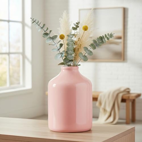 Sunddo 8 Inch Modern Ceramic Vase - Cute Pink Vases for Centerpieces - Minimalist Decorative Flower Vase for Living Room, Coffee Table, Dining Table, Book Shelf Decor, Mantel Decoration - color: Pink, size: 8 inch