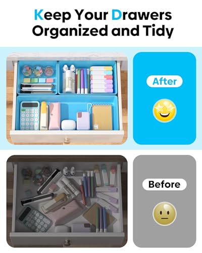 10 Pack Large Size Plastic Drawer Organizers Set, 3 Sizes Desk Drawer Organizer Trays, Storage Bins for Vanity, Makeup, Bathroom, Kitchen Utensils and Office (Blue) - color: Blue