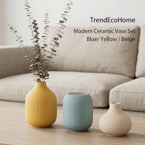Set of 3 Small Matte Vibrant Ceramic Vases in Light Blue, Mustard Yellow and Beige - Modern Minimalist Ribbed Decor for Centerpiece, Farmhouse Living Room, Kitchen Shelf, Gift Idea - color: Round-white/Blue/Yellow