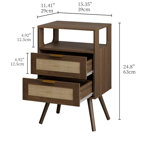 JOONEE Rattan Nightstand,Farmhouse Bedside Table with 2 Storage Drawer and Open Wood Shelf, for Bedroom and Small Spaces,Night Stand with Solid Wood Legs (Walnut Brown) - color: Walnut Brown