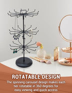 MyGift 3 Tier Classic Large Black Metal Jewelry Tree Holder Organizer with 360 Degree Rotating Arms, Spinning Necklace and Bracelet Tower Display Stand with 36 Hooks and Top Card Holder For storage - color: Black (3 Tier)