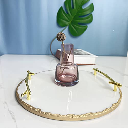 Luxury Marble Tray with Stylish Metal Handles, Vanity Tray, Marble Serving Tray for Kitchen, Counter, Dresser, Nightstand and Desk (White with Gold Edges and Handles (Round)) - color: Gold,white