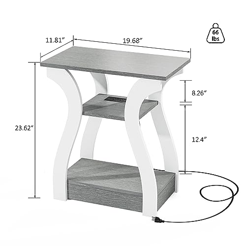 FROMJBEST End Tables Living Room, Grey End Table with Charging Station, Grey Side Table, Nightstand for Bedroom, 3 Tier End Table with Storage Shelf for Living Room - color: Grey