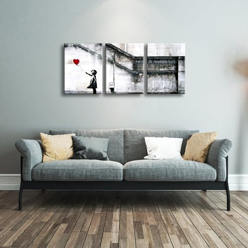 Wieco Art Banksy Grafitti Girl with Red Balloon Modern 3 Piece Famous Canvas Paintings Wall Art Inspirational Grey Love Pictures Print Artwork for Dining Room Kitchen Home Office Decor - color: Girl with Red Balloon, size: 12 x 16 inches (Unframed)