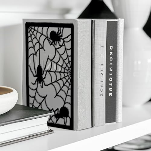 Peacoblue Metal Bookends for Shelves, Modern Decorative Heavy Duty Study Book Ends Stoppers for Office, Desk, Shelf, Room 5.3"x4.3"x7.9" Cast Iron Simple Tall Bookends 1 Pair (Spider and Spider Web) - style: Spider and Spider Web
