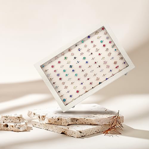 Stratalife Jewelry Organizer Ring Storage Display Tray with Clear Glass Lid Velvet Jewelry Showcase Ring Box for Multiple Rings Drawer Display 100 Slot (Beige) - color: Beige, size: 100 Slots Ring