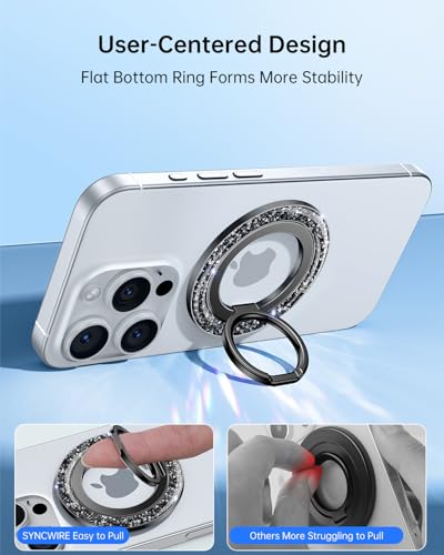 SYNCWIRE Magnetic Phone Ring Holder for MagSafe - Glitter Phone Grip Stand with 360° Rotation Finger Ring Kickstand Blingbling Compatible with iPhone 17 16 15 14 13 12 Pro Max MagSafe Accessories - color: Single Ring-1PCS-Glitter Black