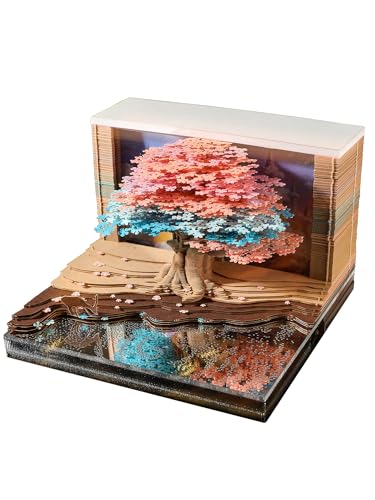 3D Creative Time Piece Calendar 2026 Desk Weekly Calendar Decoration with LED Light and Acrylic Case, Paper Sculpture Non-stick Notes, Paper Carving Art Craft Chirstmas Gift (Tree House) - color: blossom treehouse with LED lighting