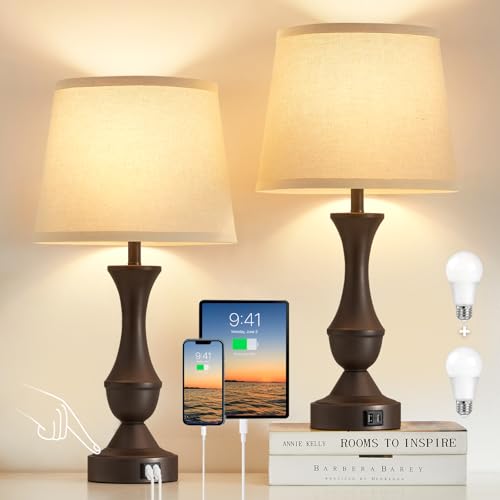 Luvkczc 22" Table Lamp Set of 2 - Vintage Brown Bedside Lamp with Beige Fabric Shade, Dimmable, USB C+A Ports, Nightstand Lamp for Living Room Bedroom (Bulb Included) - color: Brown,Beige, size: 22in