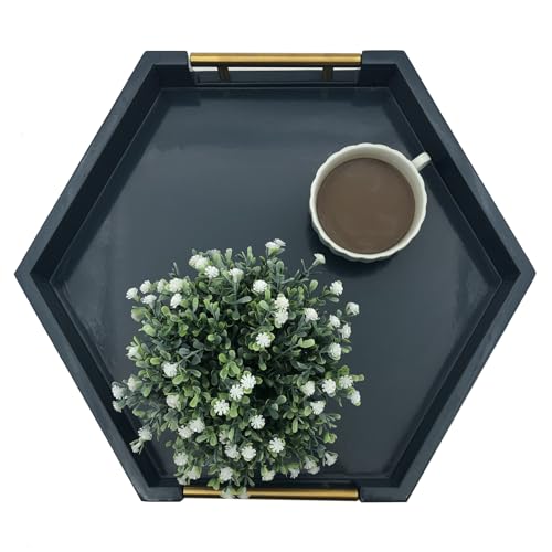 Serving Tray with Polished Metal Handles, Hexagon Coffee Table Tray, Modern Rectangle Decorative Tray, Large Ottoman Tray, Perfect for Storage and Display (Blue Hexagon) - color: Blue Hexagon
