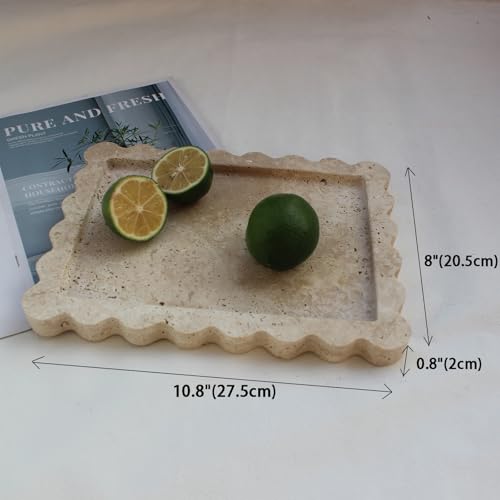 Natural Luxury Scalloped Marble Tray 10.8"x8", Rectangle Vanity Tray for Bathroom Kitchen Counter, Decorative Tray for Dresser Home Decor - Beige Travertine - color: Beige Travertine