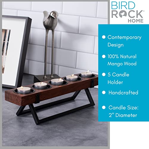 BIRDROCK HOME 5-Candle Centerpiece | Fits Small 2" D Votive Candles | Wooden Candle Holders with Black Iron Stand | Long Candelabra Decor for Tables, Weddings, Vintage Events | Mango Wood Brown/Black