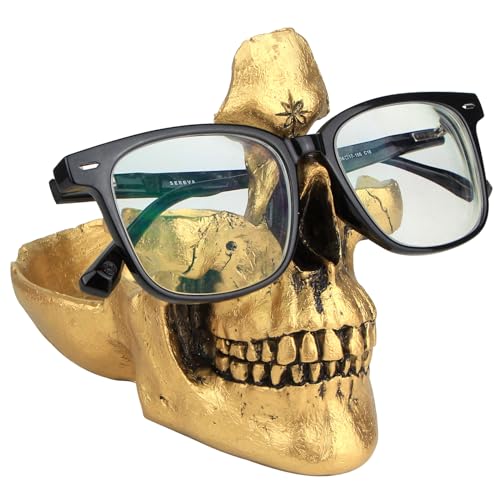 Mrlikale Skull Glasses Stand Holder, Creative Eyeglasses Holder, Sunglasses Spectacle Display Rack, Key Holder Resin Sculptures for Entryway, Home, Office, Desk, Nightstand (Gold) - color: Gold
