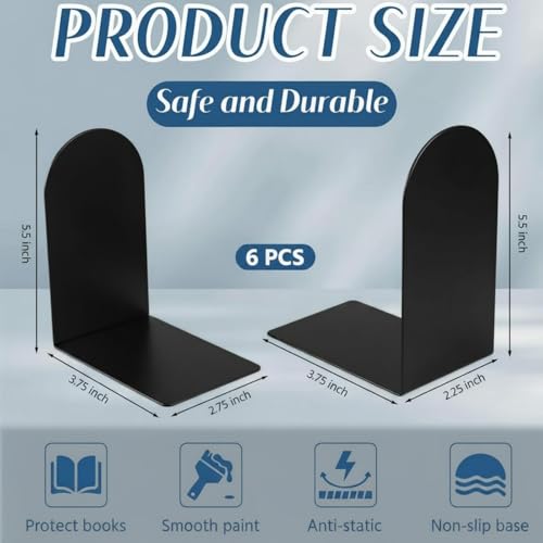 Chunful 6 Pcs Modern Metal Book Ends for Shelves Small Bookends Book Shelf Organizer Minimalist Design Stopper to Hold Books for Home Office (Black, 5.5 * 3.75 * 2.25inch)