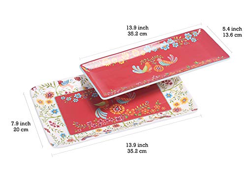 Bico Red Spring Bird Ceramic 14 inch Rectangular Serving Platter, Set of 2, for Serving Salad, Pasta, Cheese, Ham, Appetizer, Microwave & Dishwasher Safe