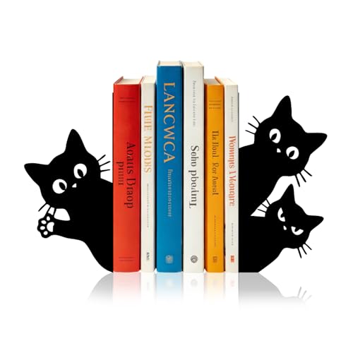 Sanwarm Metal Bookends Black Cats Cartoon Book Ends Decorative Bookend for Home Office Library Desk Book Shelves Decor, Gift for Reading Enthusiasts Non-Skid Book Stoppers Holder (1 Pair) - color: Black Cat 2