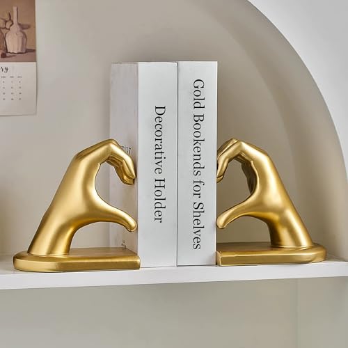 Steviieden Decorative Bookends, Solid Hearthands Sculpture Book Stopper Decor Book Holder for Shelf Home Office Bedroom Living Room (Gold) - color: Gold