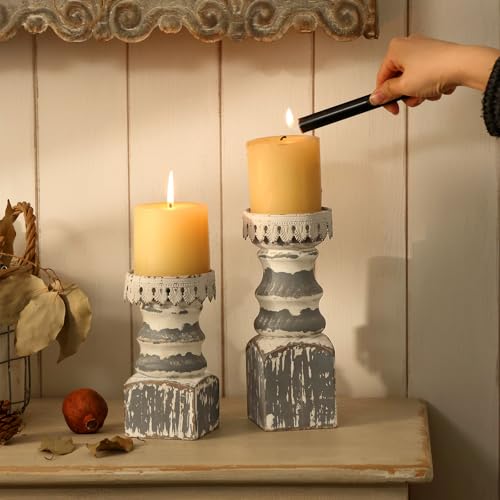 NIKKY HOME Farmhouse Pillar Candle Holder Set of 2 - Rustic Wood Decorative Candlesticks Pedestal, Centerpieces Decor for Fireplace Mantle Coffee Bar Dining Table, Distressed Grey