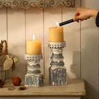 NIKKY HOME Farmhouse Pillar Candle Holder Set of 2 - Rustic Wood Decorative Candlesticks Pedestal, Centerpieces Decor for Fireplace Mantle Coffee Bar Dining Table, Distressed Grey