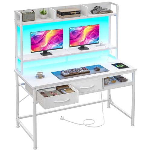 DurayLoly 39.4" Computer Desk with Storage Rack & Monitor Stand, Gaming Desk with LED&Power Outlet, Computer Desk with Hutch &2Drawers,Modern Study Writing Desk for Bedroom Home Office,White - color: White, size: 18.9"D x 39.4"W x 61.1"H