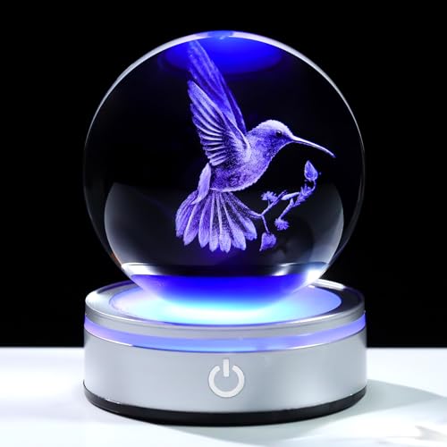 3.15in. 3D Hummingbird Crystal Ball Gifts for Women Girlfriend, K9 Crystal Decorative Ball Engraved Hummingbird Figurine Paperweight with LED Light Base for Home Office Decoration - color: Hummingbird