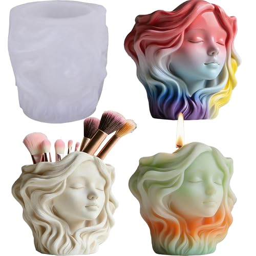 1 Pc Curly-Haired Closed-Eye Woman Girl Epoxy Resin Casting Jar Mold Goddess Female Head Candle Holder Silicone Mold for Jewelry Makeup Brush Succulent Plant Pot Cement Concrete Home Decor - color: Woman Resin Mold