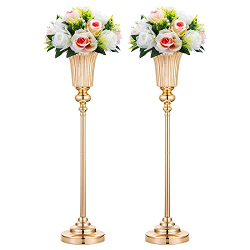 NUPTIO Metal Versatile Trumpet Vase, 26.7'' H x 6.2'' W x 5.7'' D, Gold, Set of 2, Ideal for Wedding, Events, and Home Decor - color: Gold, size: 2 x M