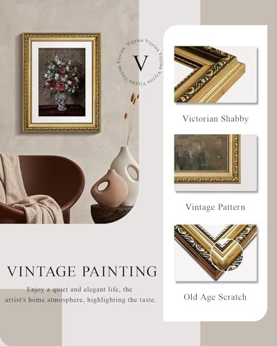 VIYYIEA Gold Framed Wall Art Canvas Print Home Decor Flower Wall Decor Vintage Botanical Prints Floral Paintings Art Pictures Room Decor Floral Wall Art Prints for Living Room Bedroom Office 11x14in - color: Flowers in a Vase, size: 14"L x 11"W