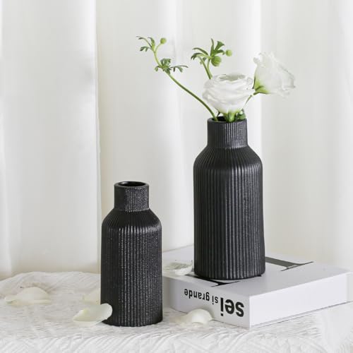 Bohemian Black Ceramic Vase - for Pampas Grass, Mantel, Bookshelf, Entryway and Living Room Decor (Black, 7in) - color: Black, size: 7in