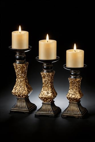 Ornate Resin Pillar Candle Holders Set of 3 Baroque Gothic Decorative Candlesticks in Black & Gold (8", 10", 12") for Home Decor, Weddings & Centerpieces