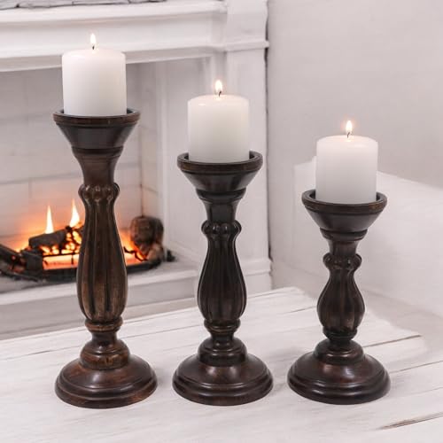 Hosley Set of 3 Dark Brown Wood Pillar Candle Holders 13 Inches 11 Inches and 9 Inches High Ideal for LED and Pillar Candles Gifts for Weddings Party Home Spa Reiki Aromatherapy - color: Dark Brown 1