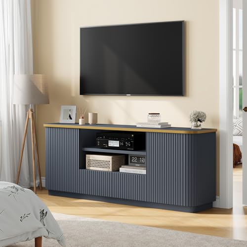 QUW 70" Fluted TV Stand for TVs Up to 80", Modern Entertainment Center with 2 Drawers & Cabinets, TV Console with Curved Profile Design, Luxury Wooden Media Console for Living Room, Navy Blue - color: Navy Blue