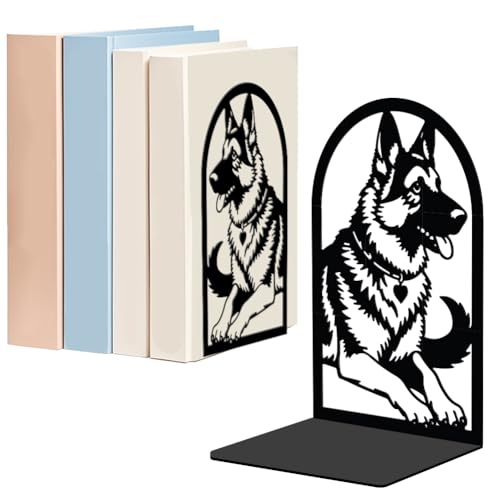 WADORN 1 Pair German Shepherd Metal Decorative Bookend for Shelves, Heavy Duty Book Ends Modern Non-Skid Books Holder Stand Black Book Support Stoppers for Desk Bookshelf Office, 5.3x4.3x7.8 Inch - color: Black