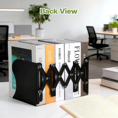 2PCS Heavy Duty Metal Bookends, Adjustable Book Organizer for Shelves & Desk with Non-Slip Pads, 3 Compartments, Extends up to 19 inches, Office & Home Use (Black)