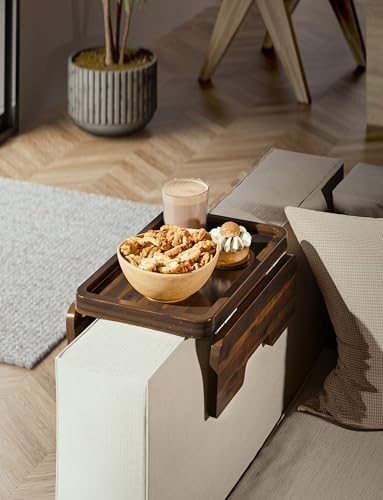HOLANA Acacia Couch Armrest Table with 360° Rotating Phone Holder, Wooden Couch Tray – Sofa Side Table, Armchair Caddy for Home Sofa Living Room (Walnut, 13.75" D x 9.5" W x 2" H) - color: Walnut, size: 13.8" x 9.5" x 2"