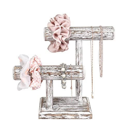 Ikee Design 2 Tier Wooden Jewelry Bracelet Watch Display Tower, Bangle Scrunchie Necklace Holder Storage Stand, 7.9 W x 4.3 D x 9.4 H in, Antique White Color - color: Antique White